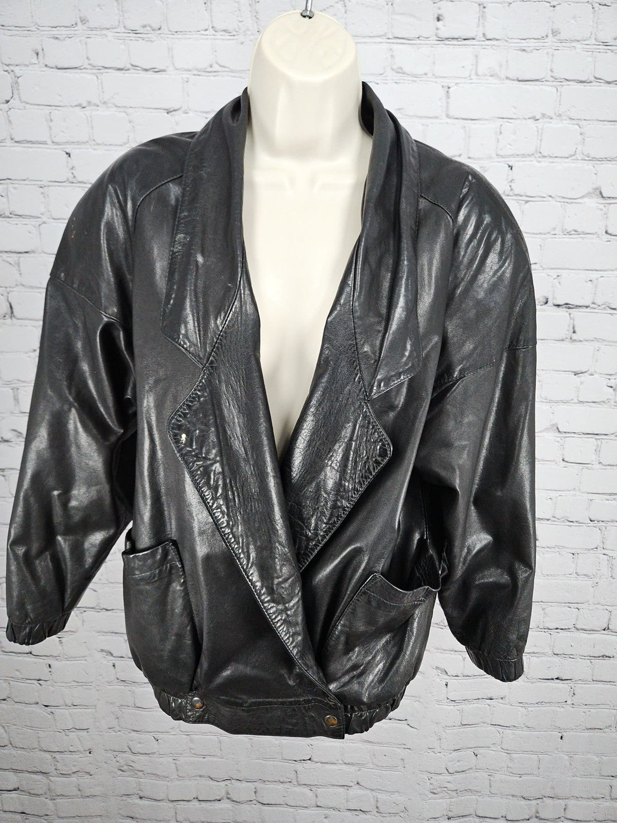 VTG Morgan Taylor Black Leather Asymmetric Shawl Collar Bomber Jacket Women's S