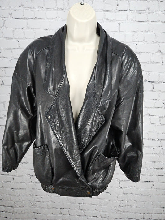 VTG Morgan Taylor Black Leather Asymmetric Shawl Collar Bomber Jacket Women's S