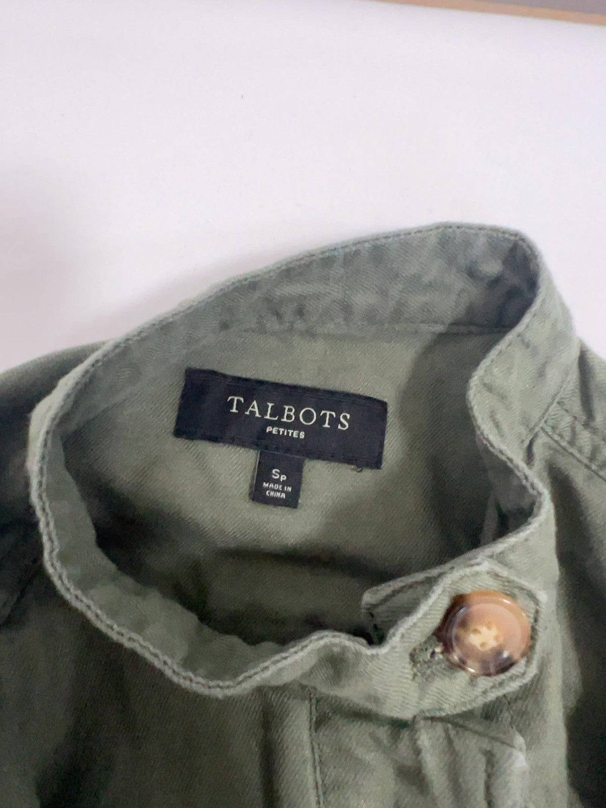 Talbots Petites Olive Green Linen Blend Stand Collar Utility Jacket SP