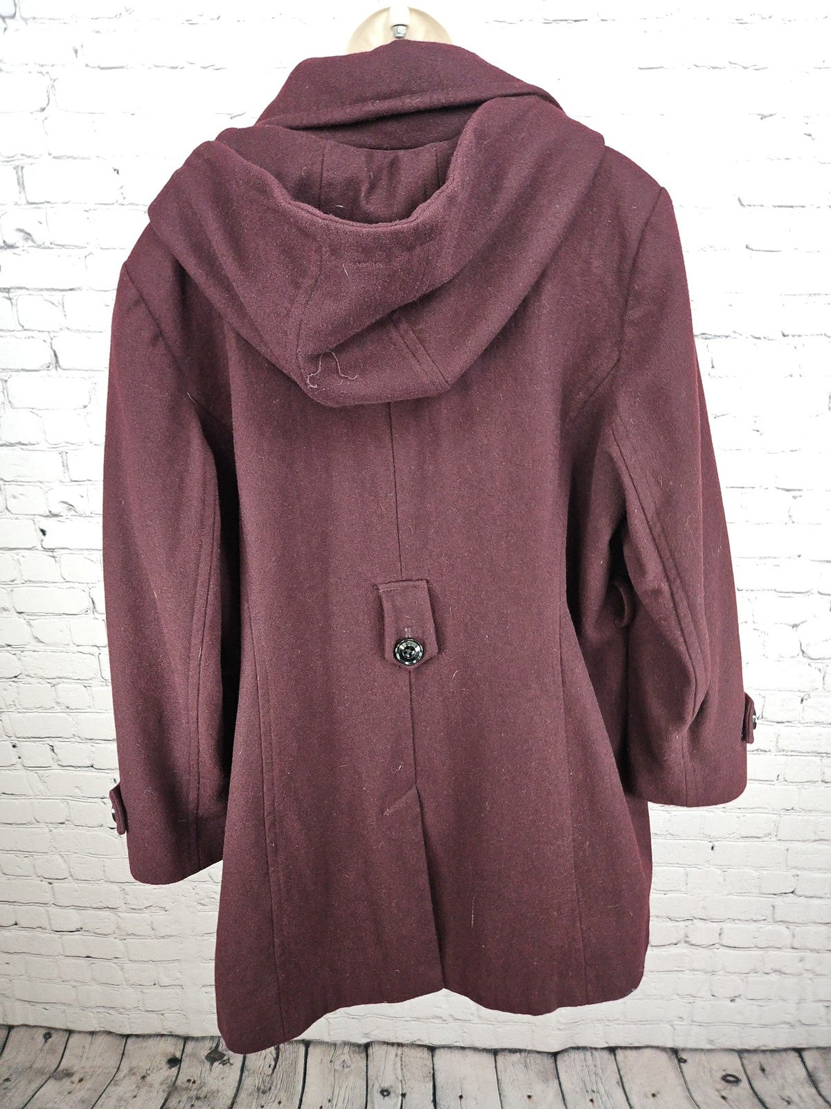 London Fog Burgundy Wool Blend Hooded Button Front Walker Coat Women's XXL