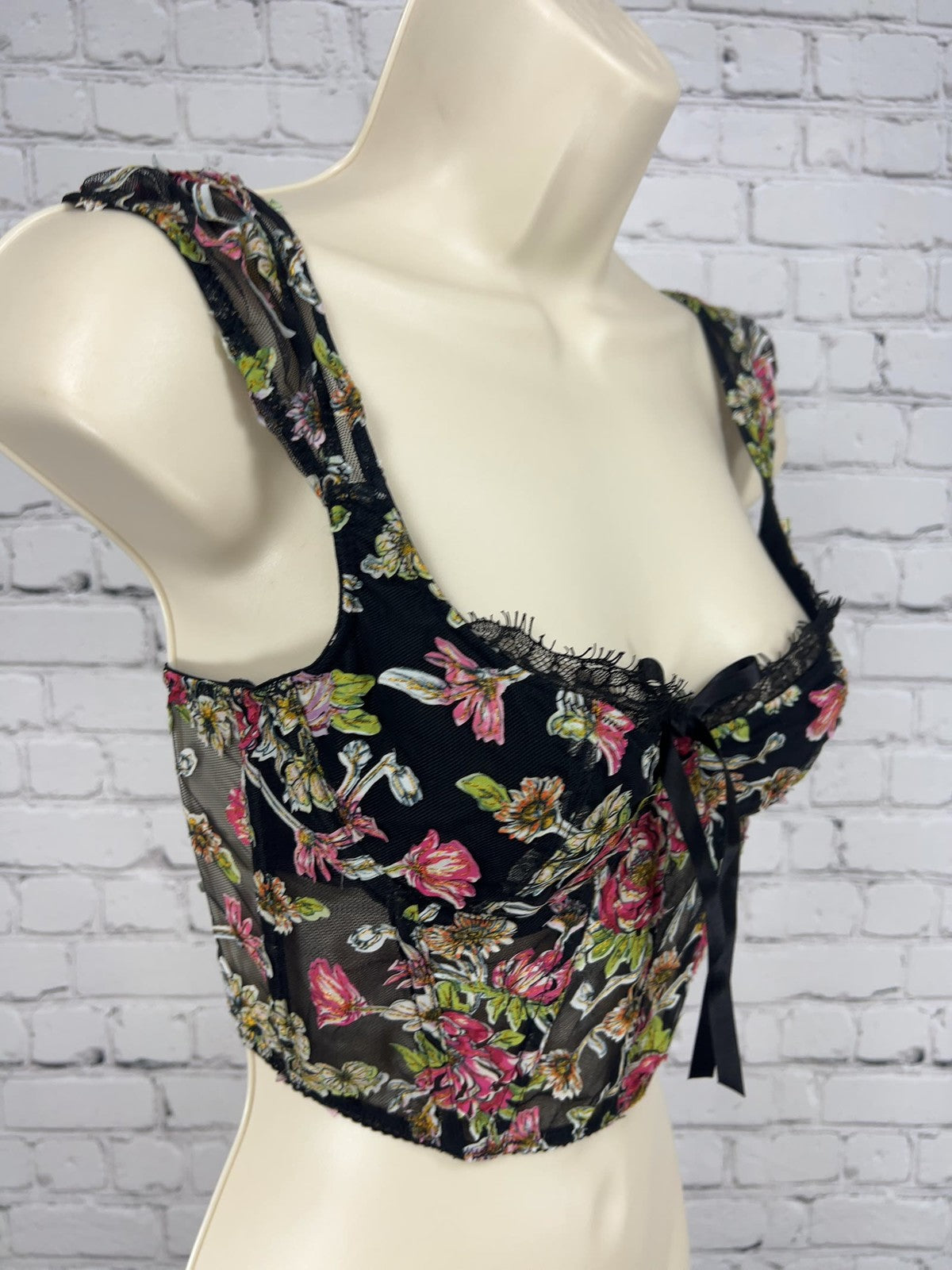 Victoria's Secret Dream Angels Black Floral Mesh Lace Corset Bustier 32C