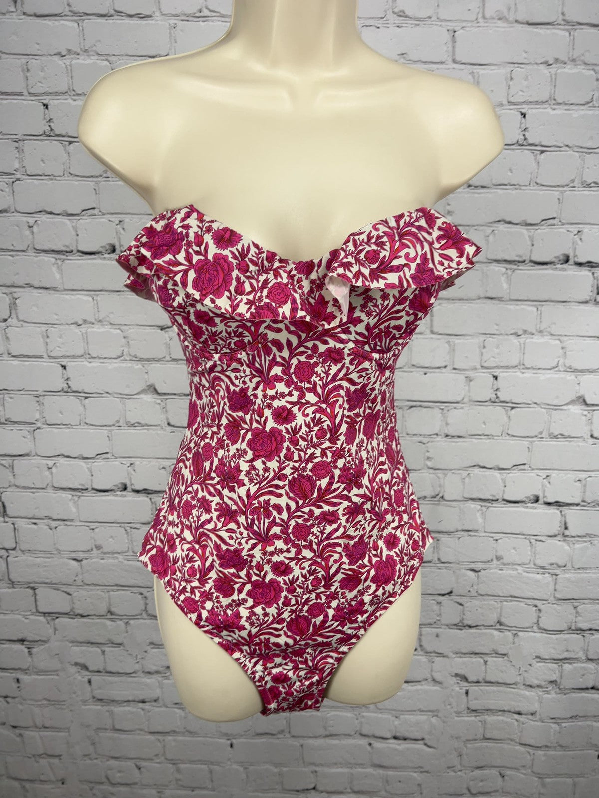 J.Crew Pink Floral Ruffle Strapless Underwire One Piece Swimsuit 10