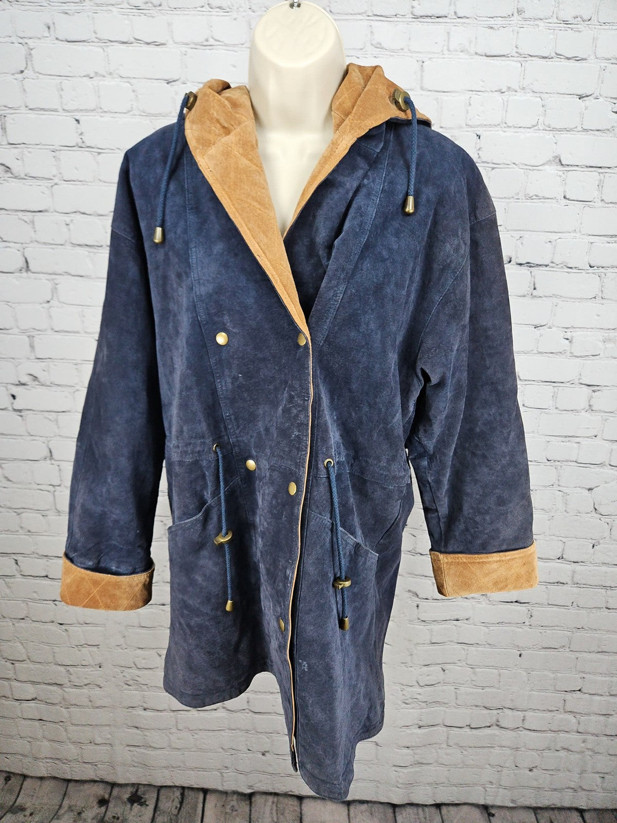 VTG BB Dakota Navy Suede Leather Hooded Drawstring Parka Jacket Womens M