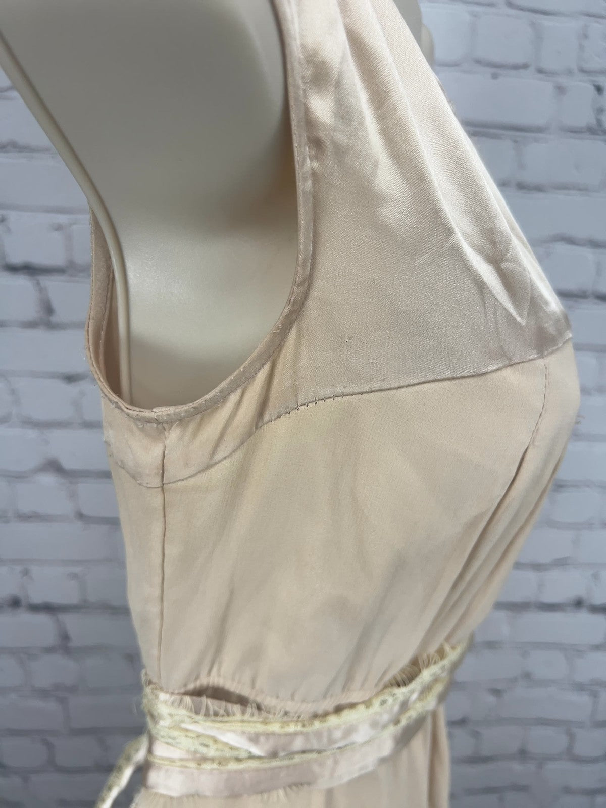 Blush Pink 100% Silk Satin Yoke Sleeveless Bubble Hem Lace Tie Dress M