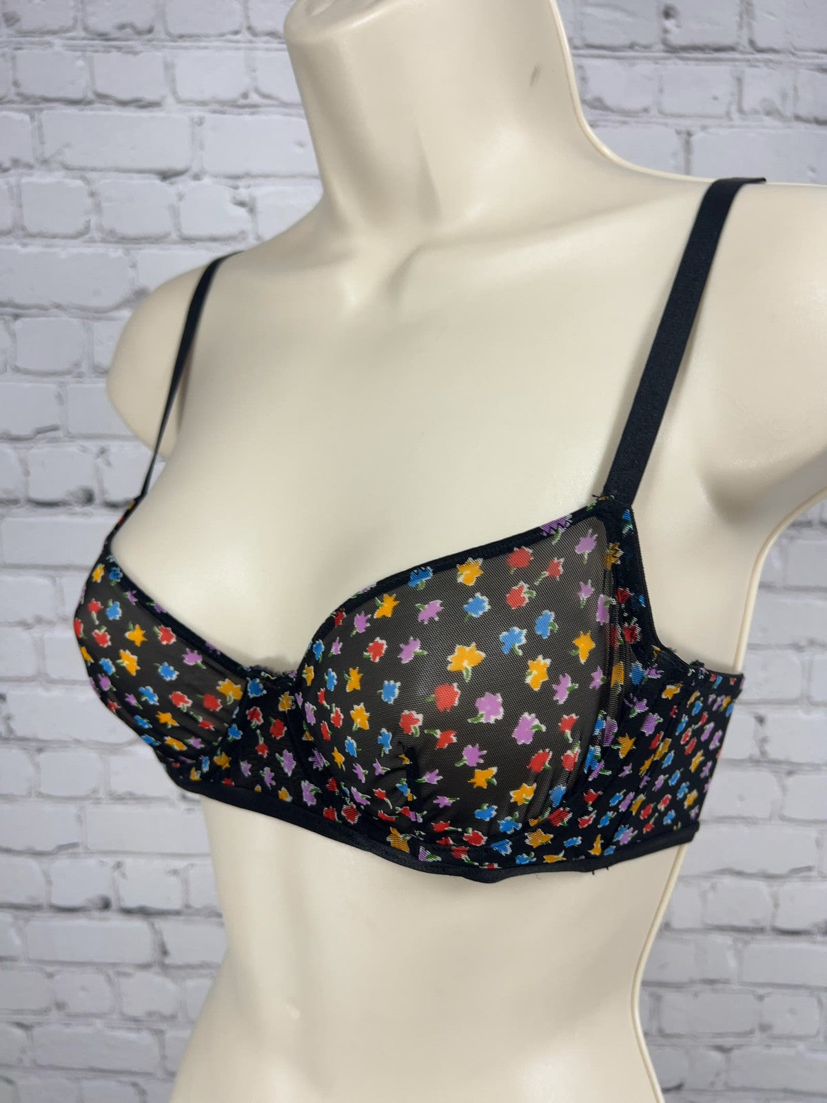 Free People Intimately Black Floral Sheer Mesh Underwire Balconette Bra 32B