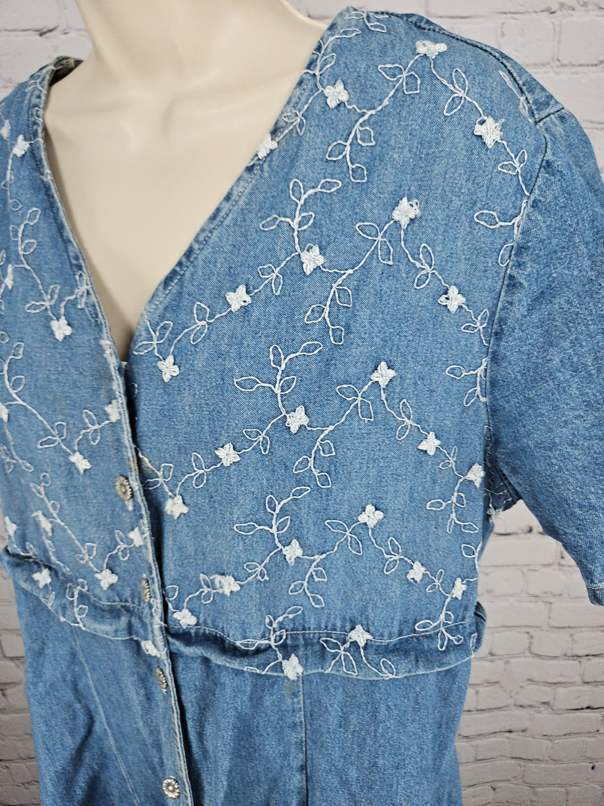VTG Alexandra Lee Floral Embroidered Denim Button Front Maxi Dress Women's 16