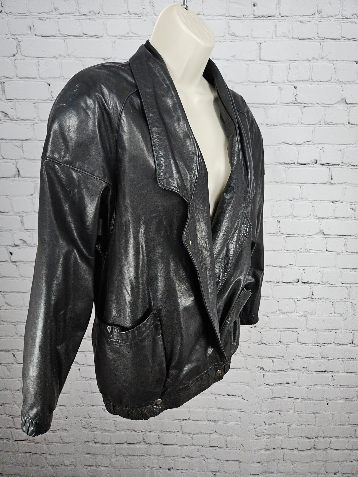 VTG Morgan Taylor Black Leather Asymmetric Shawl Collar Bomber Jacket Women's S