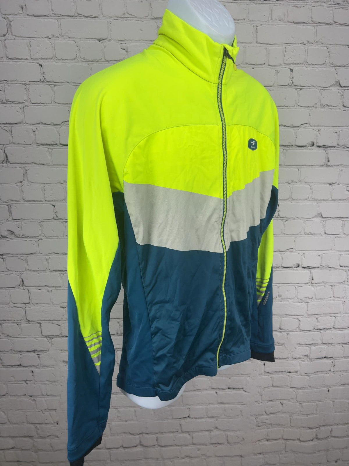 Sugoi RS 180 Neon Yellow Teal Reflective Full Zip Men's Cycling Jacket L
