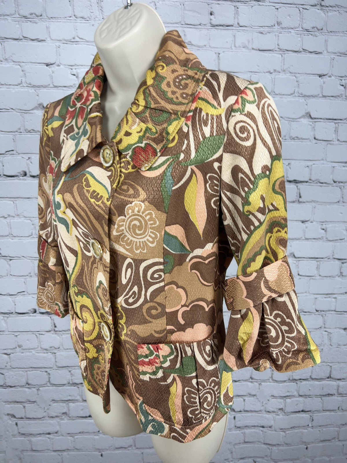 Lafayette 148 New York Petite Brown Floral 3/4 Sleeve Button Front Jacket 6