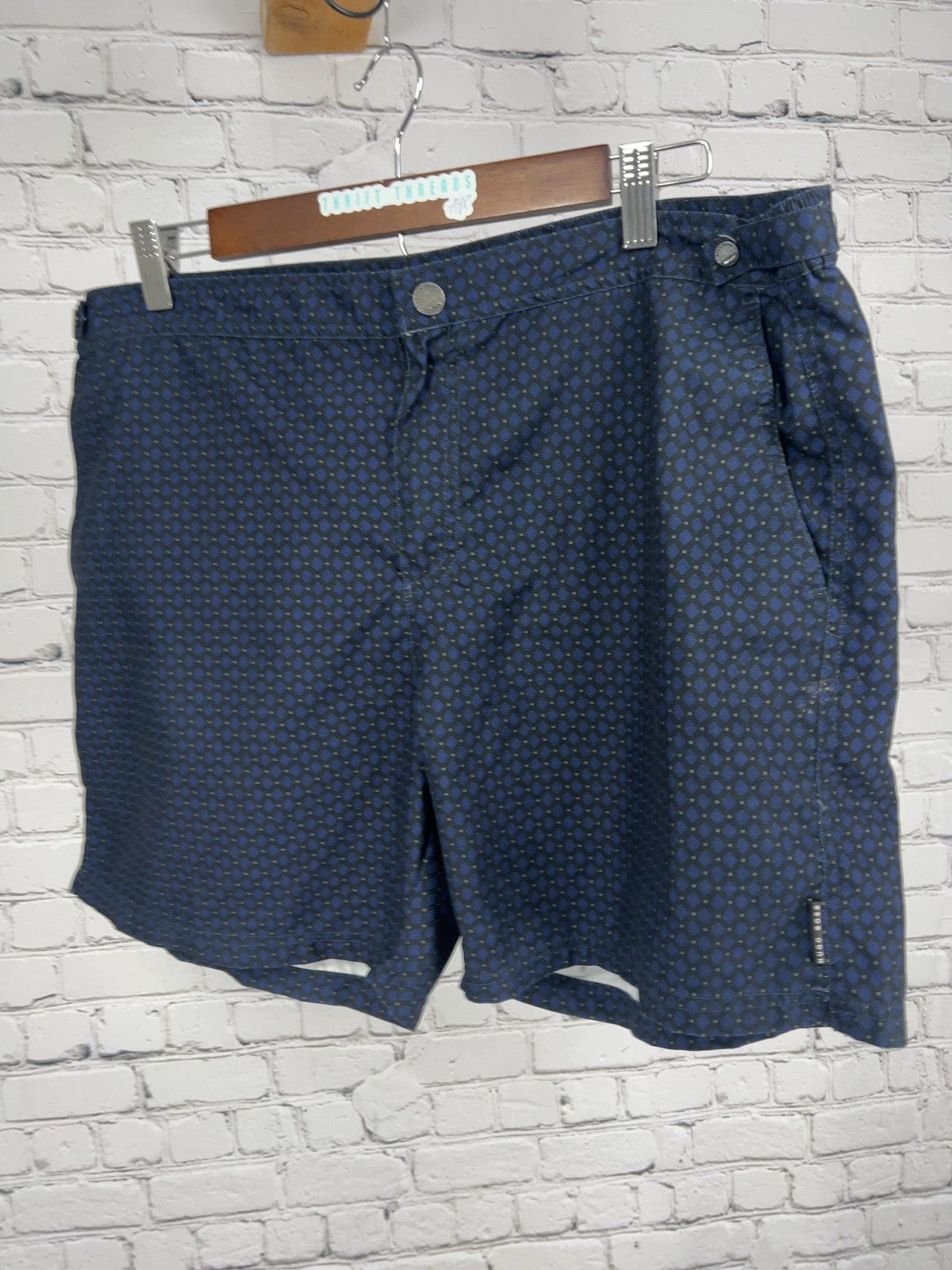 Hugo Boss Navy Geometric Print Side Tab Mesh Lined Swim Trunks L (36X5.5)