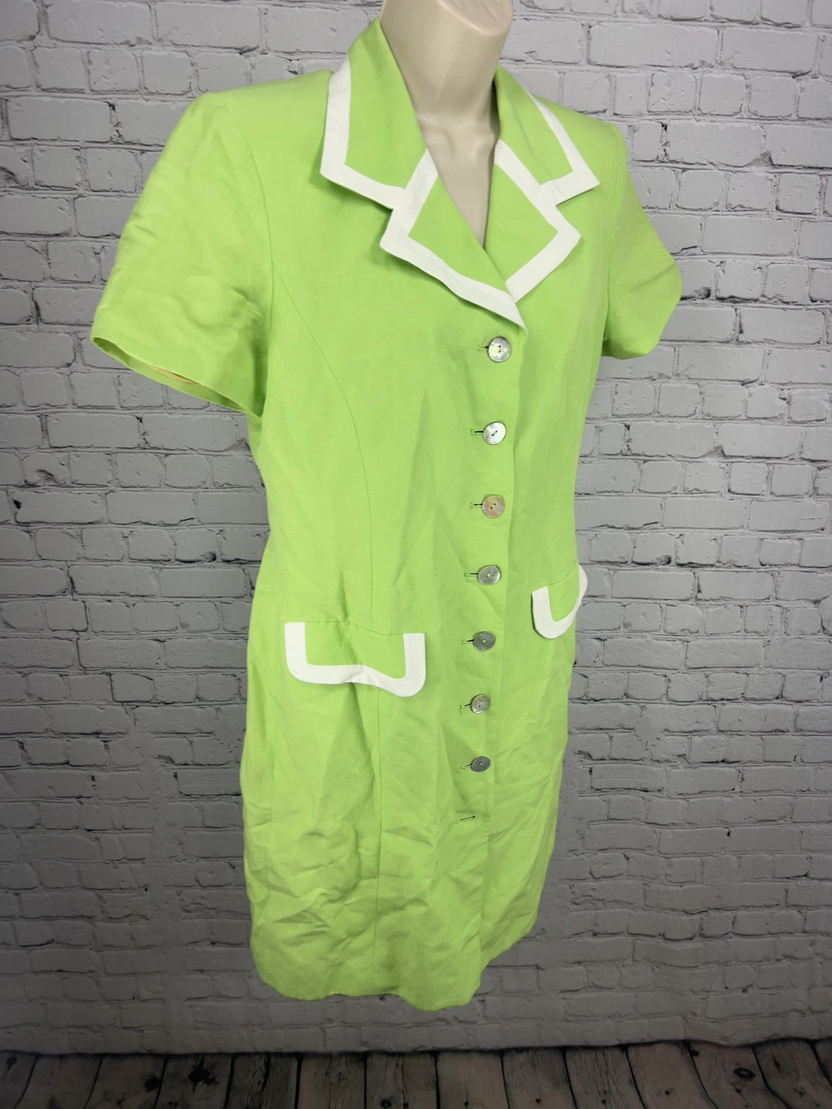 VTG Evan-Picone Lime Green White Trim Linen Blend Short Sleeve Shirt Dress 8