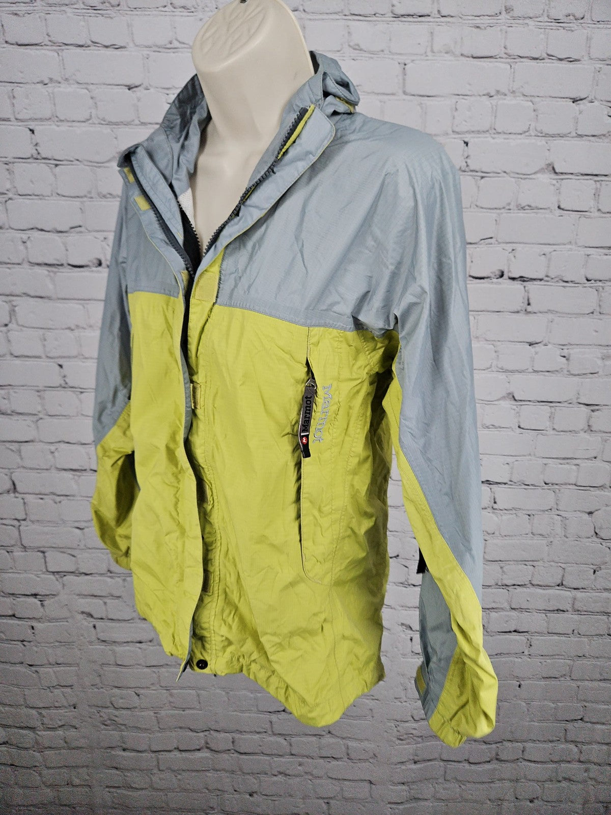 Marmot Lime Green Gray Colorblock Hooded Nylon Rain Jacket Women's S