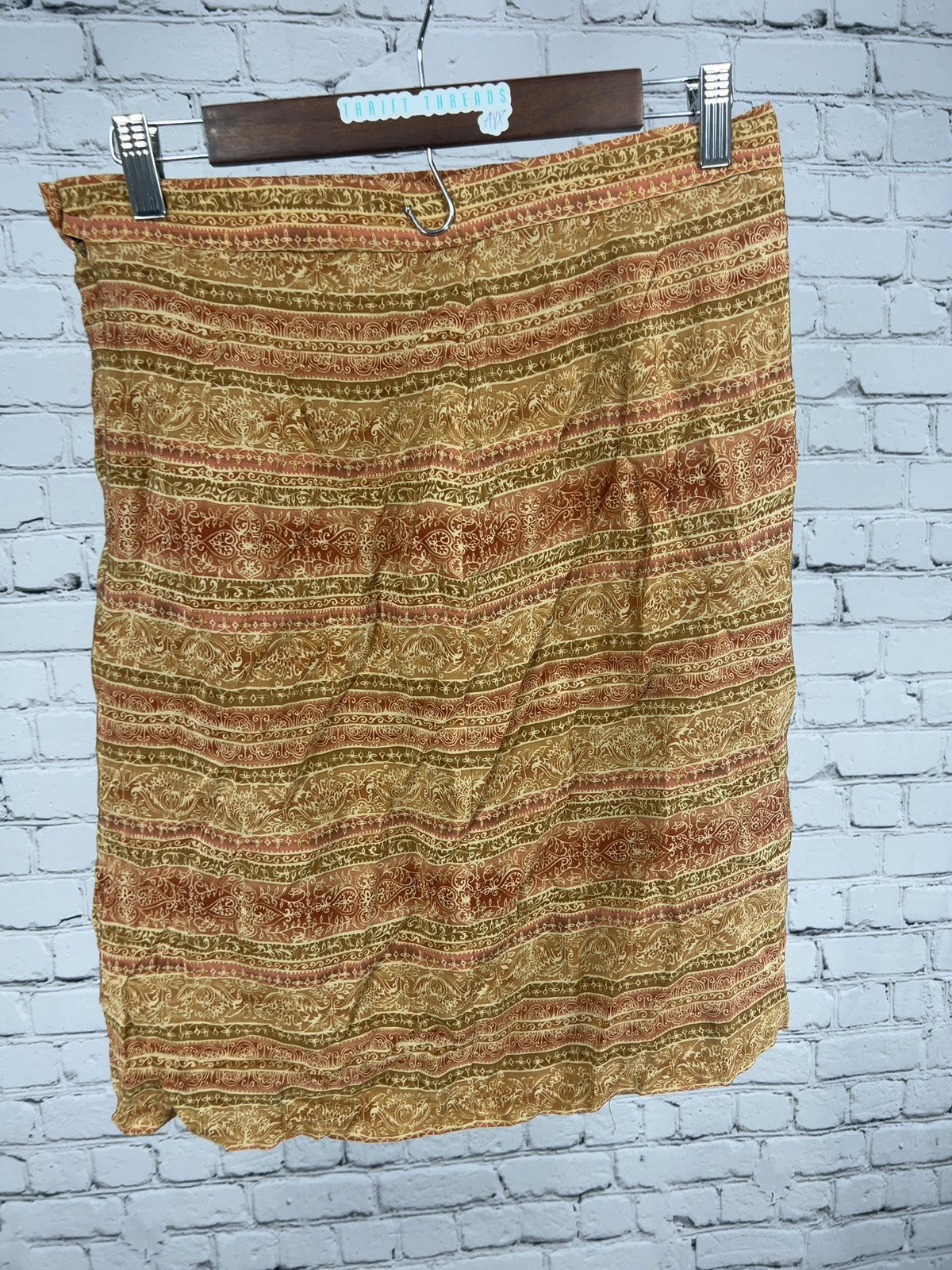 VTG Talbots Tan Rust Paisley Border Print 100% Silk Lined Midi Skirt 10