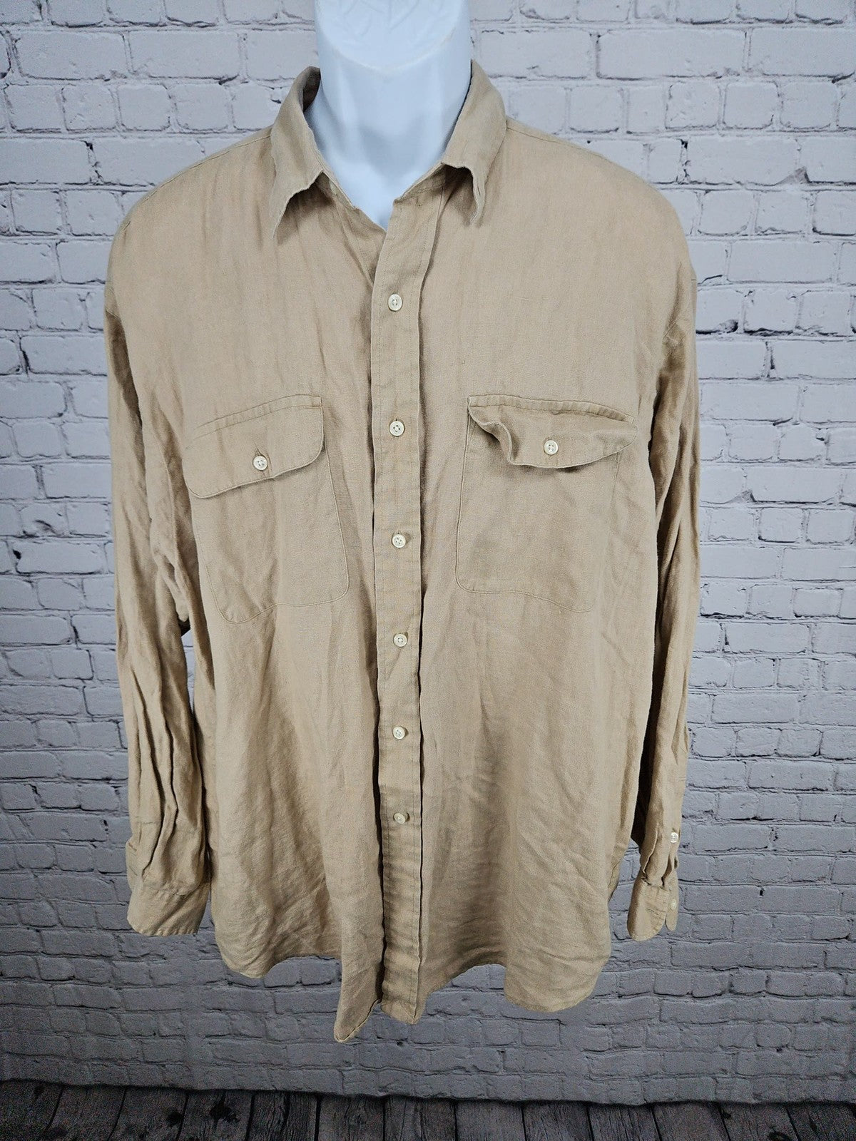 VTG Polo Ralph Lauren Whitfield Tan 100% Linen Two Pocket Button Up Shirt XL