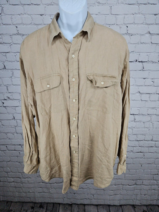 VTG Polo Ralph Lauren Whitfield Tan 100% Linen Two Pocket Button Up Shirt XL