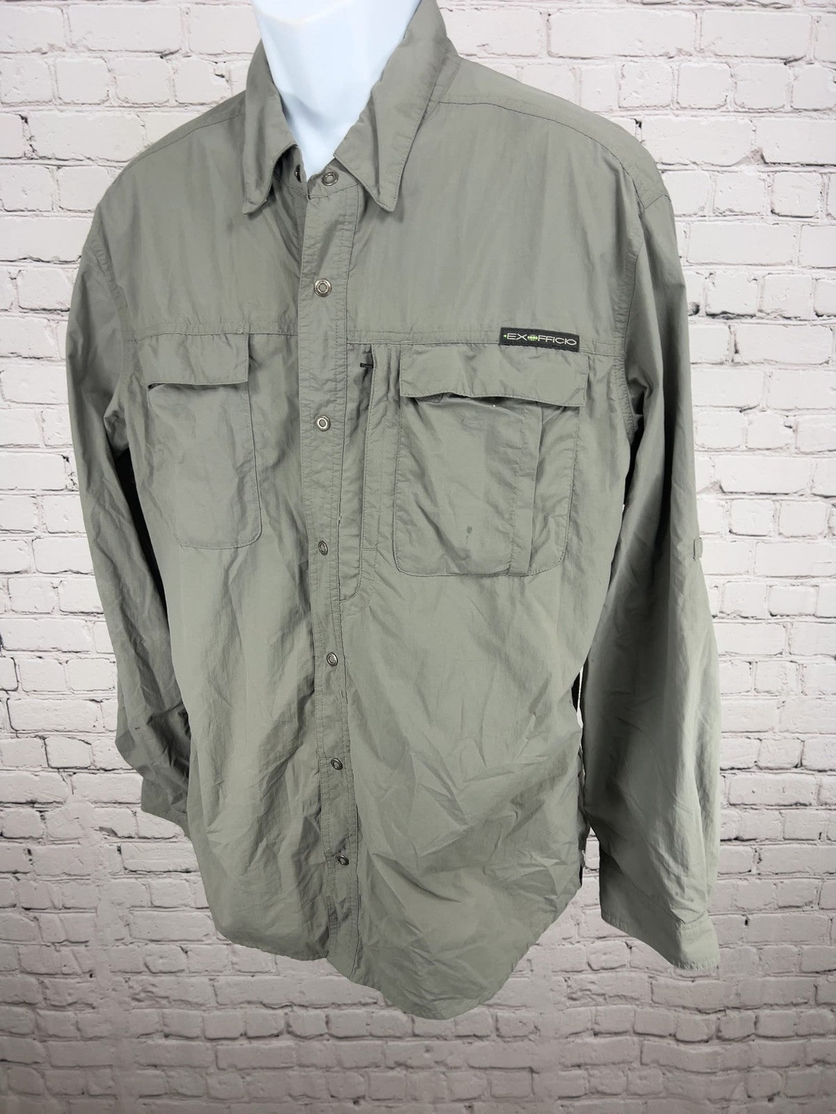 ExOfficio Insect Shield Olive Nylon Vented Long Sleeve Fishing Shirt L