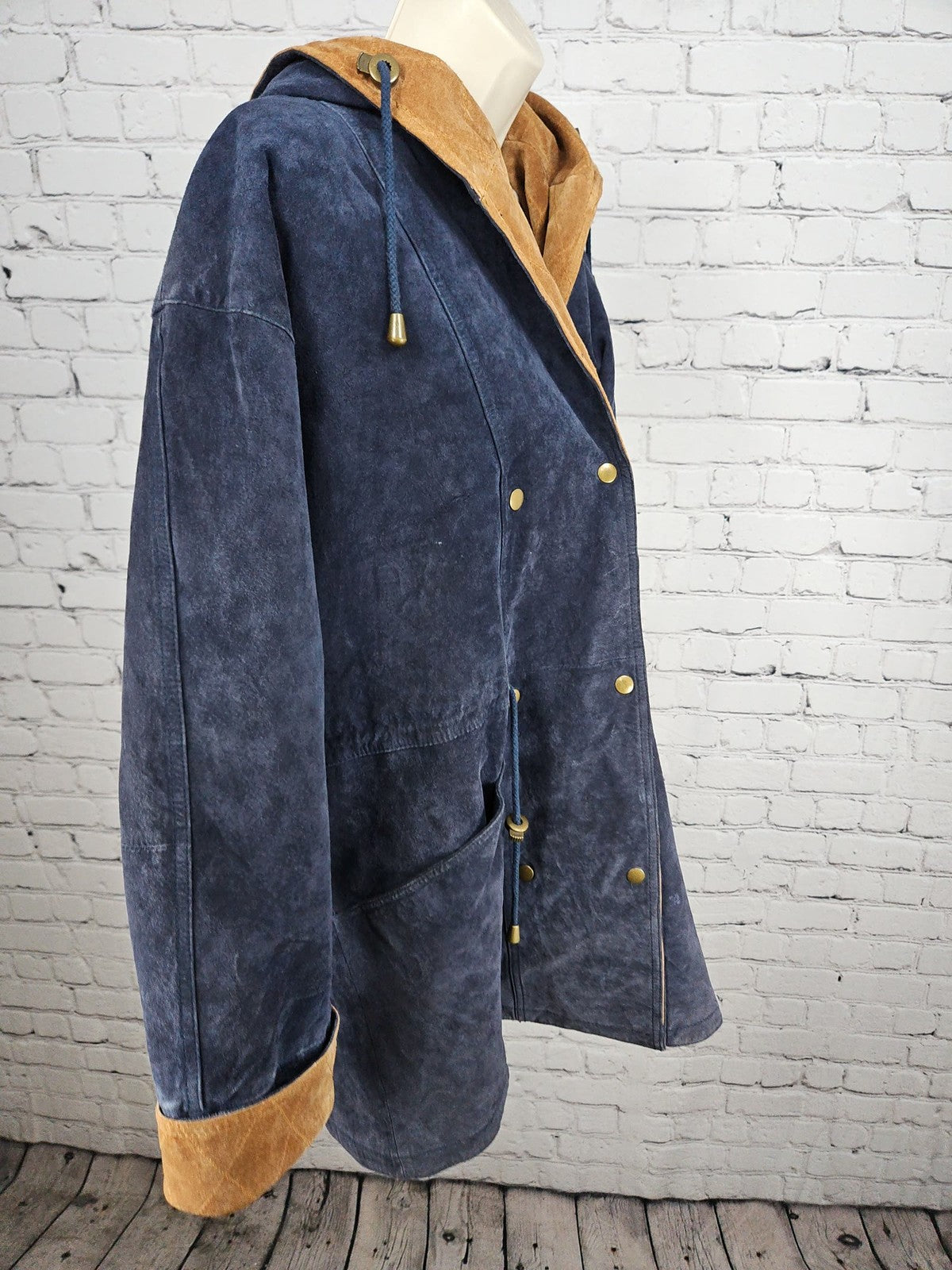 VTG BB Dakota Navy Suede Leather Hooded Drawstring Parka Jacket Womens M