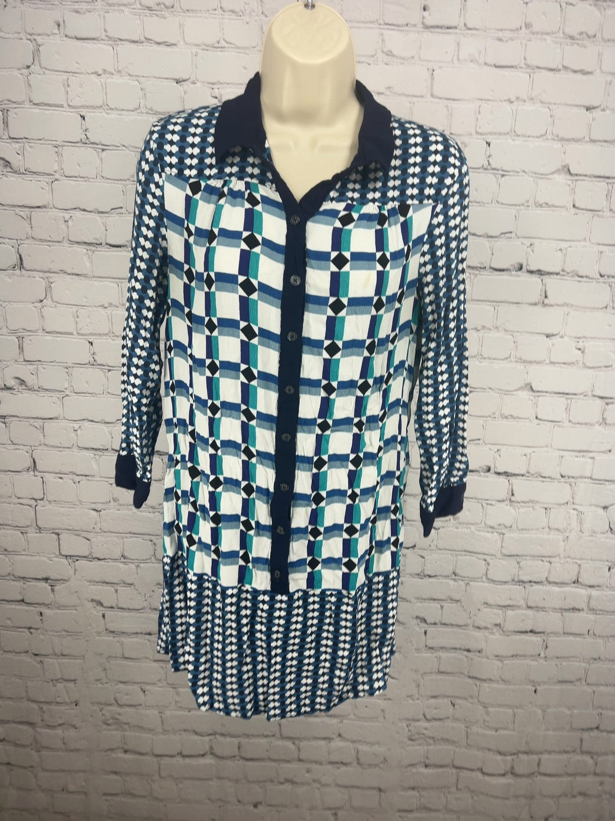 Maeve Anthropologie Blue White Geometric Print Belted Mini Shirt Dress 6