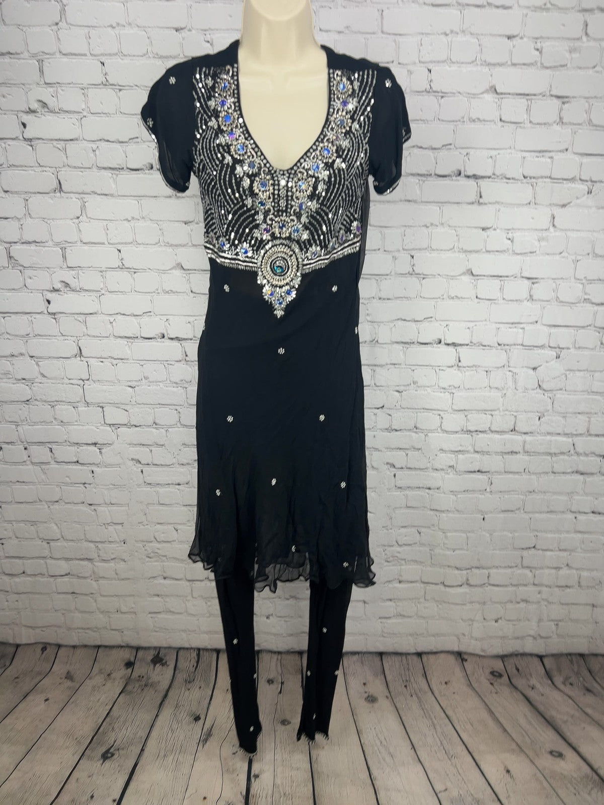 Black Silver Beaded Sequin Chiffon 3 Piece Salwar Kameez Dupatta Set M