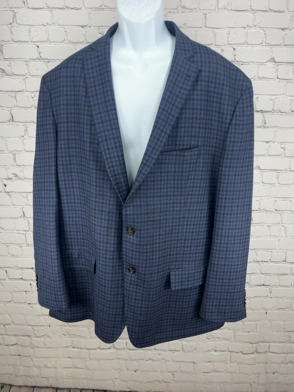 Cremieux Classics Blue Brown Gingham 100% Wool Elbow Patch Sport Coat XXL