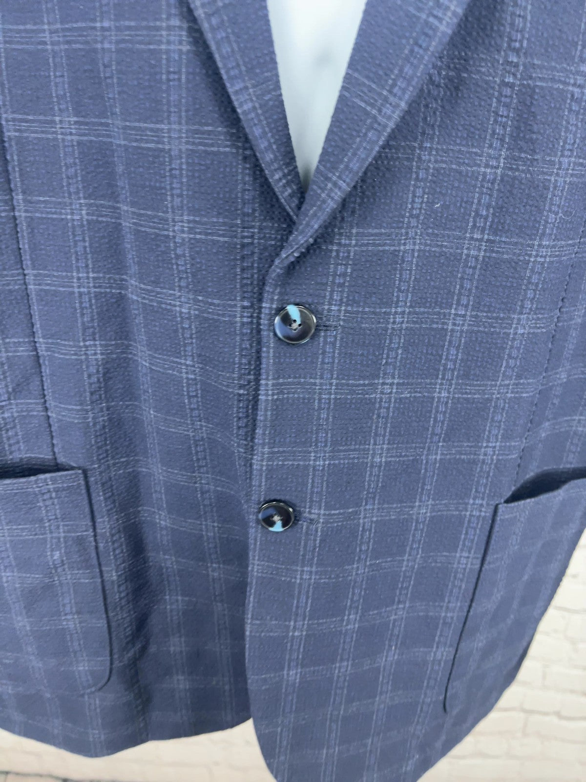 Awearness Kenneth Cole Navy Plaid Seersucker 2 Button Blazer Sport Coat XL