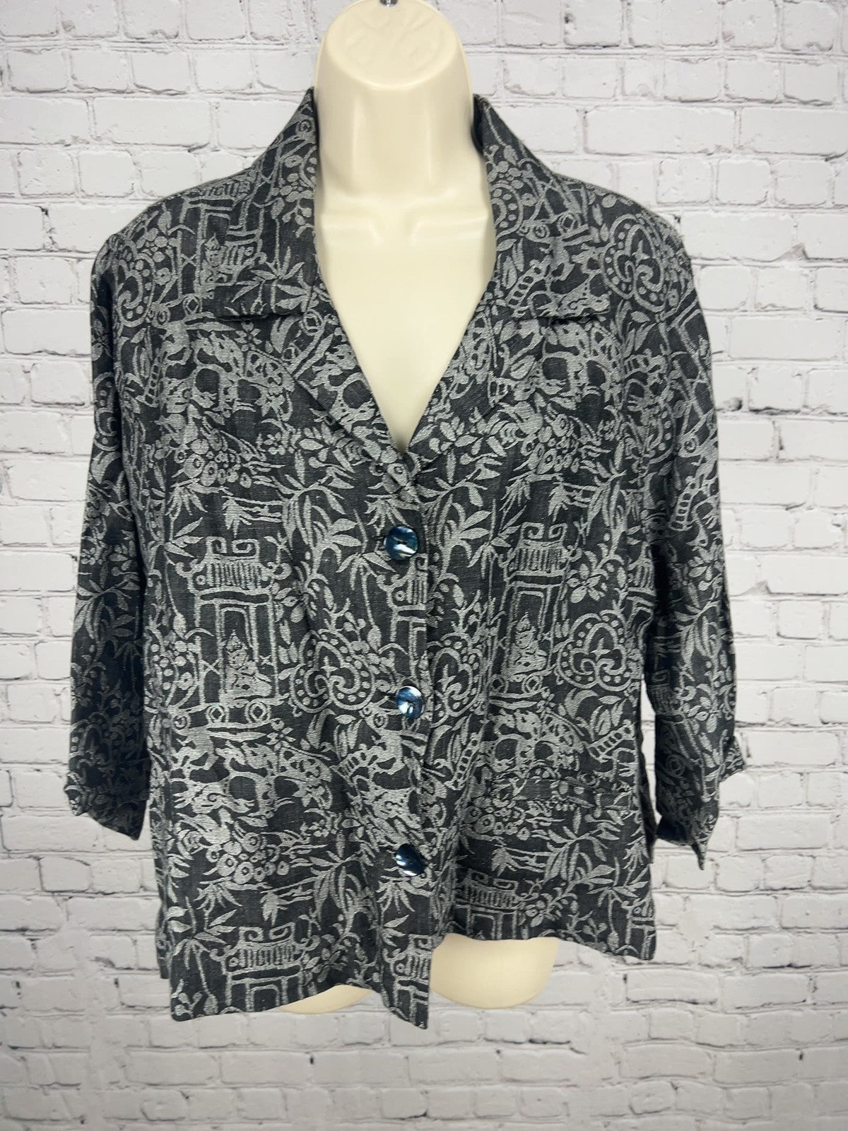 Chico's Black Gray Pagoda Jacquard Linen Blend 3/4 Sleeve Jacket 2 (US M)