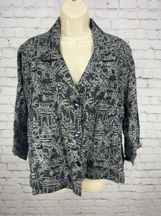 Chico's Black Gray Pagoda Jacquard Linen Blend 3/4 Sleeve Jacket 2 (US M)