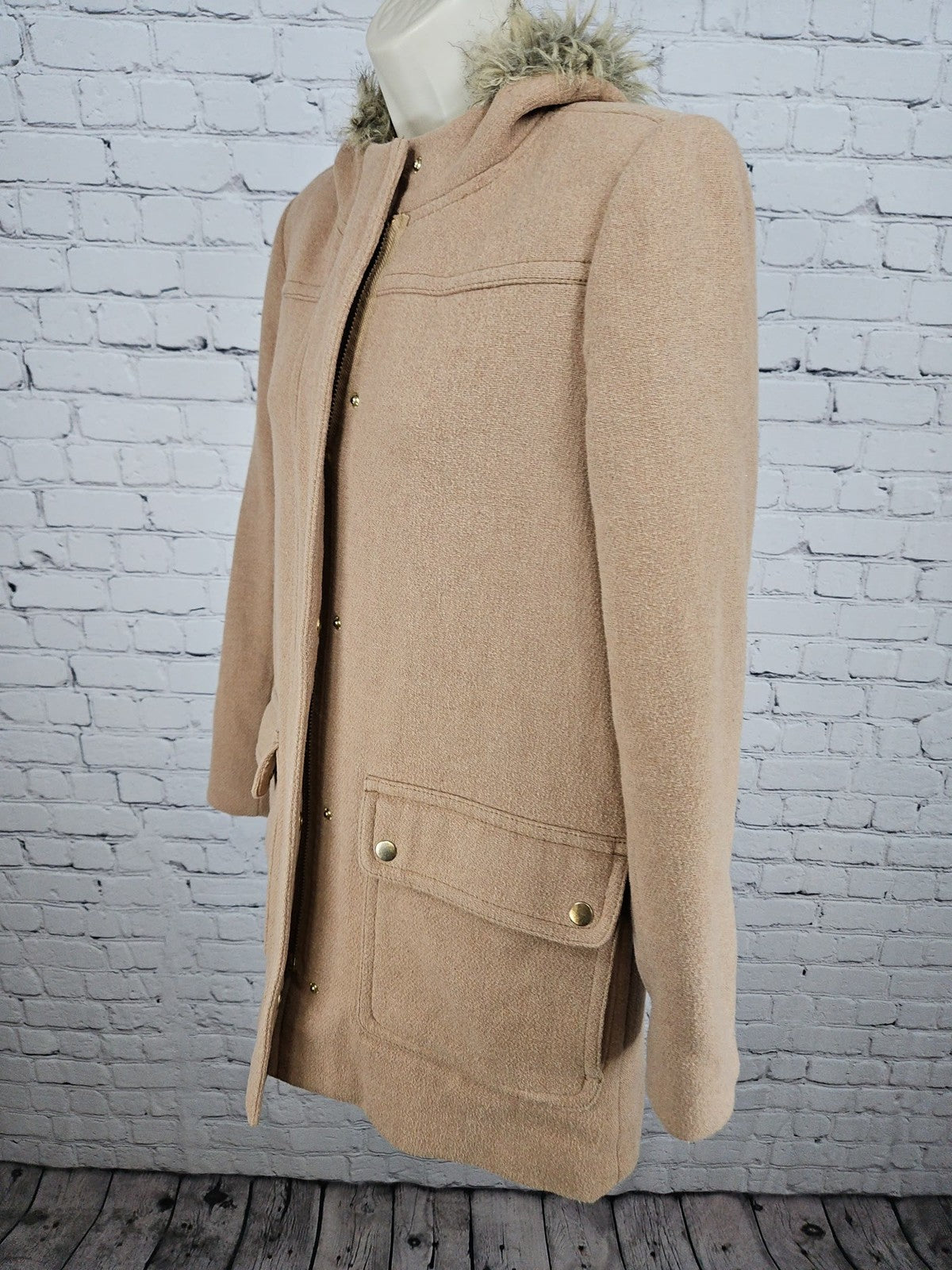 J.Crew Mercantile Camel Wool Blend Faux Fur Hooded Parka Coat Women's 4