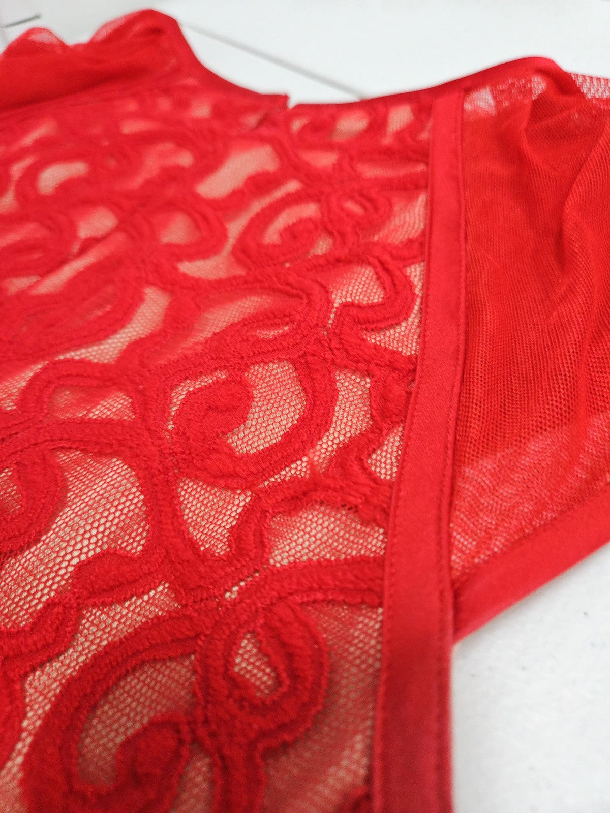 Adrianna Papell Red Lace Illusion Mesh Cap Sleeve Lined Sheath Dress 12