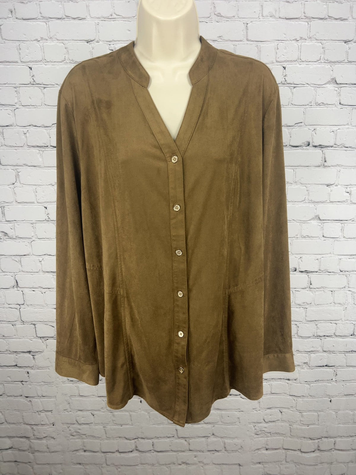 Chico's Brown Faux Suede Button Front Long Sleeve Tunic Blouse Size 3 (US L)