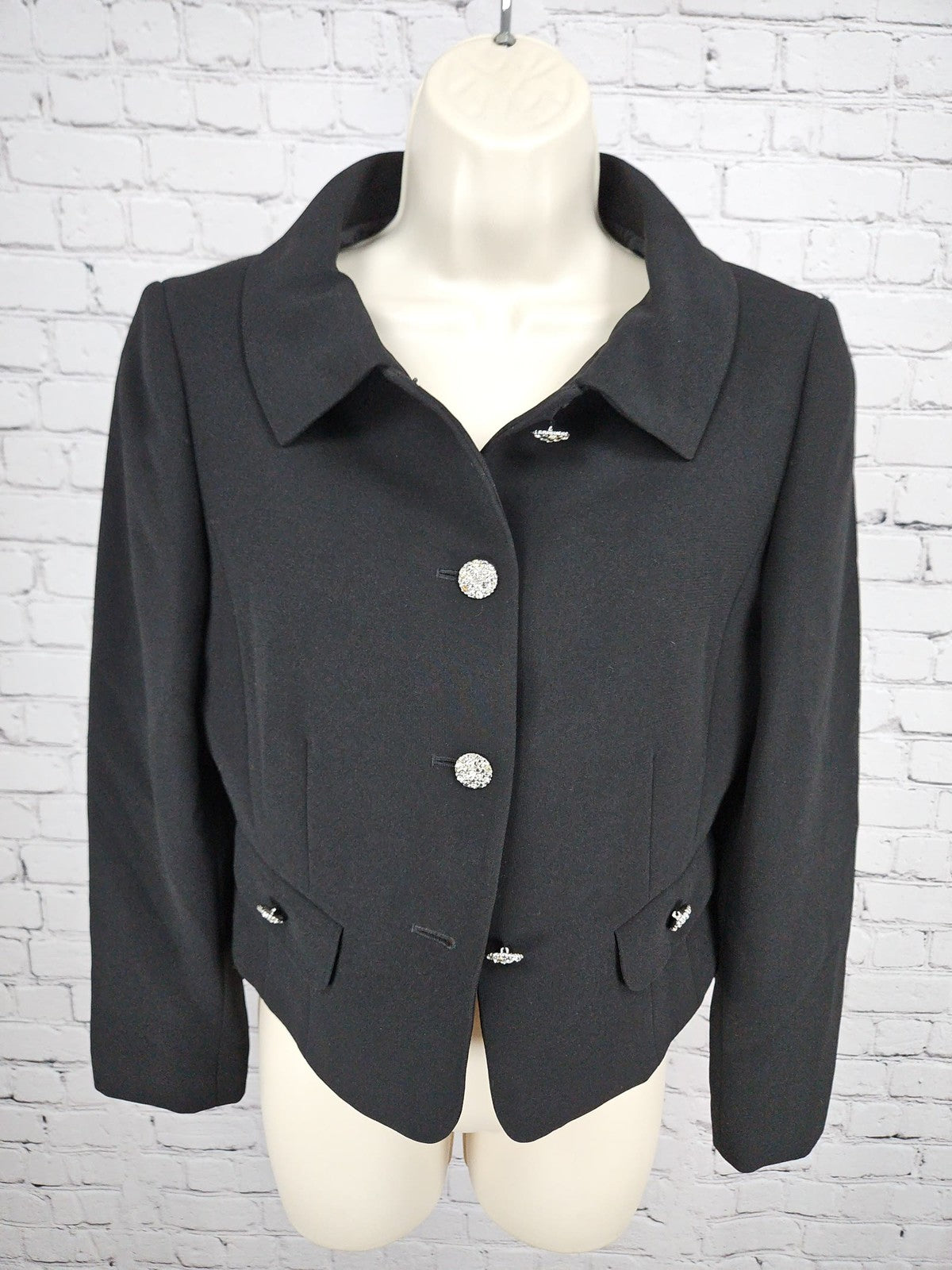 Tahari Arthur S Levine Black Rhinestone Button Cropped Collared Jacket 6P