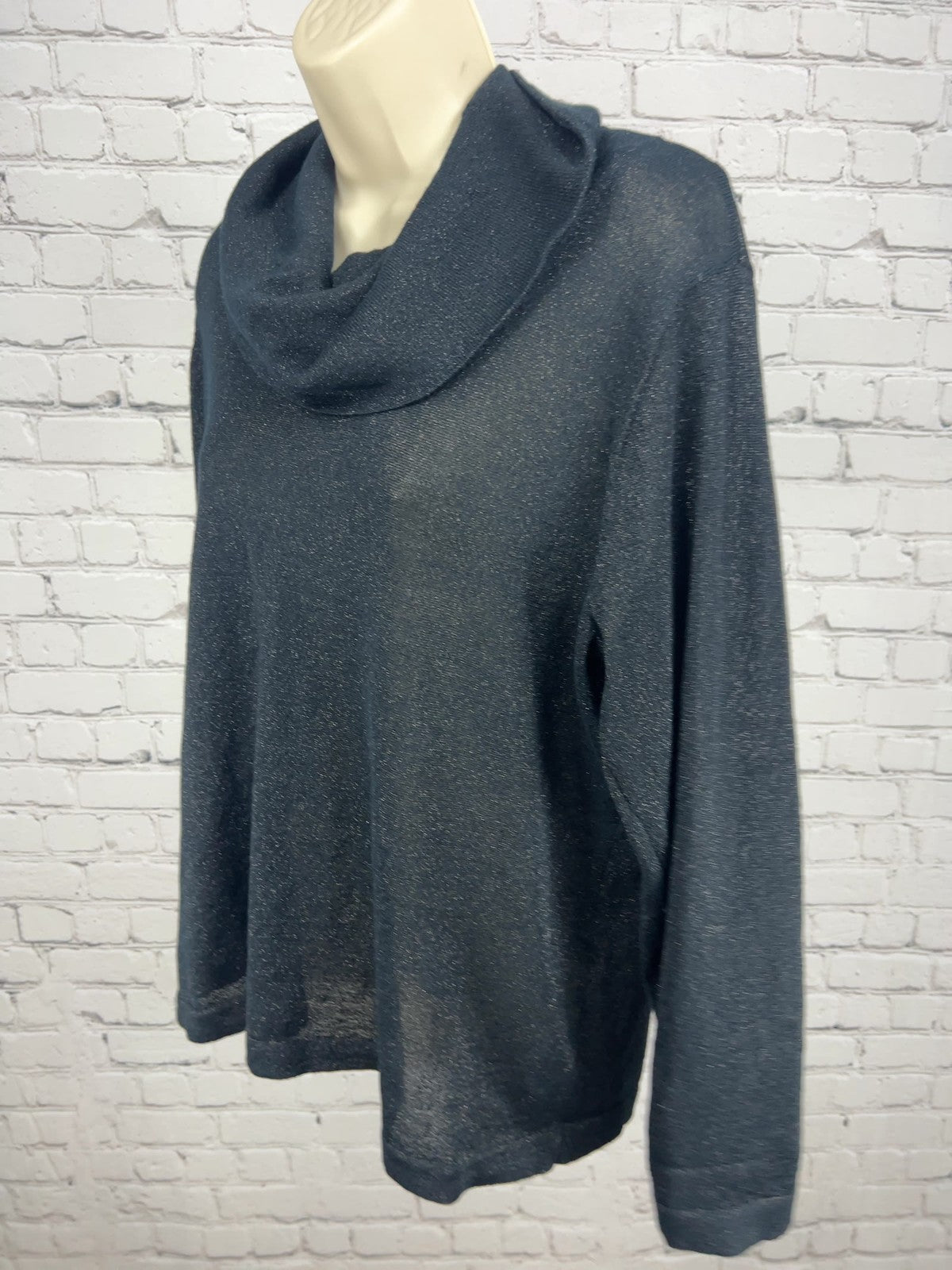 Coldwater Creek Black Metallic Cowl Neck Knit Semi Sheer Long Sleeve Sweater XL