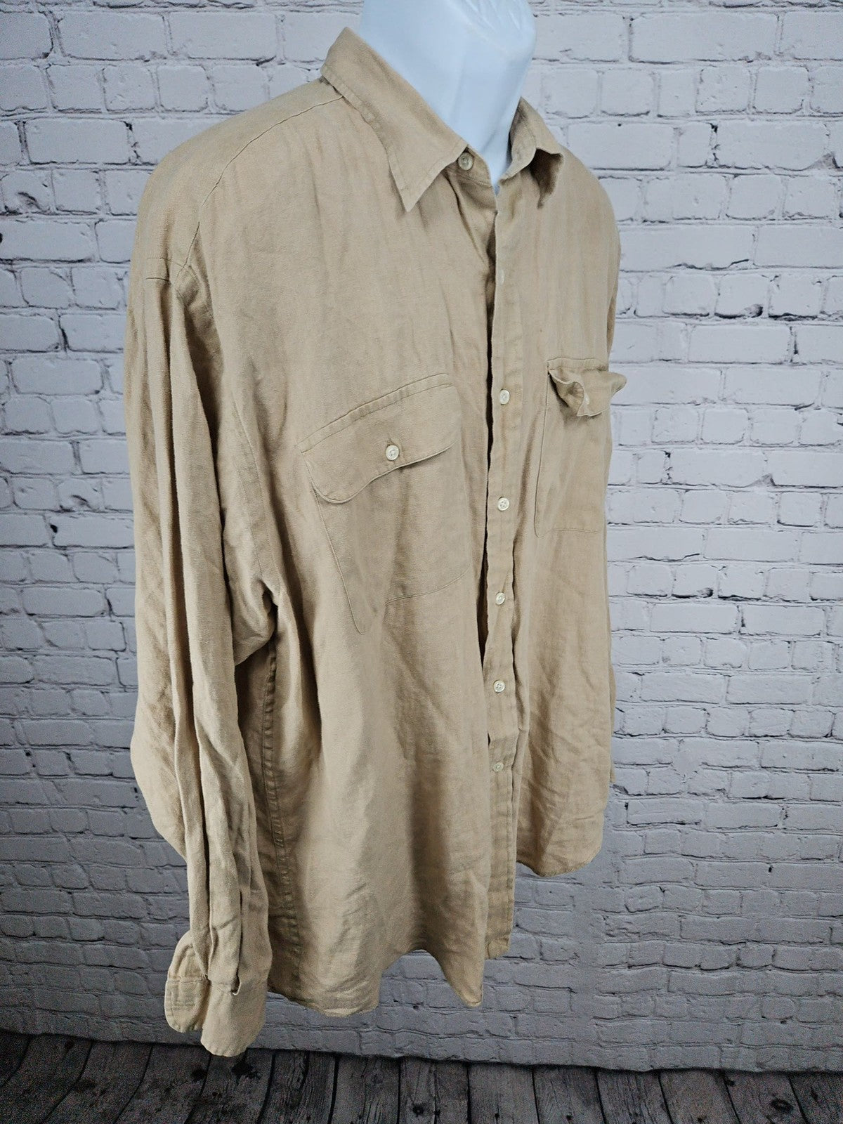 VTG Polo Ralph Lauren Whitfield Tan 100% Linen Two Pocket Button Up Shirt XL