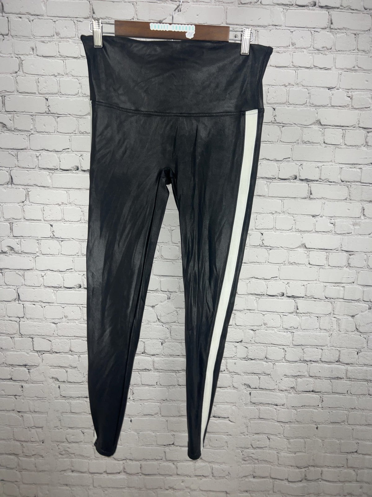 Spanx Faux Leather Black White Side Stripe Leggings Women's XL (30X27)