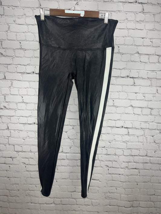 Spanx Faux Leather Black White Side Stripe Leggings Women's XL (30X27)