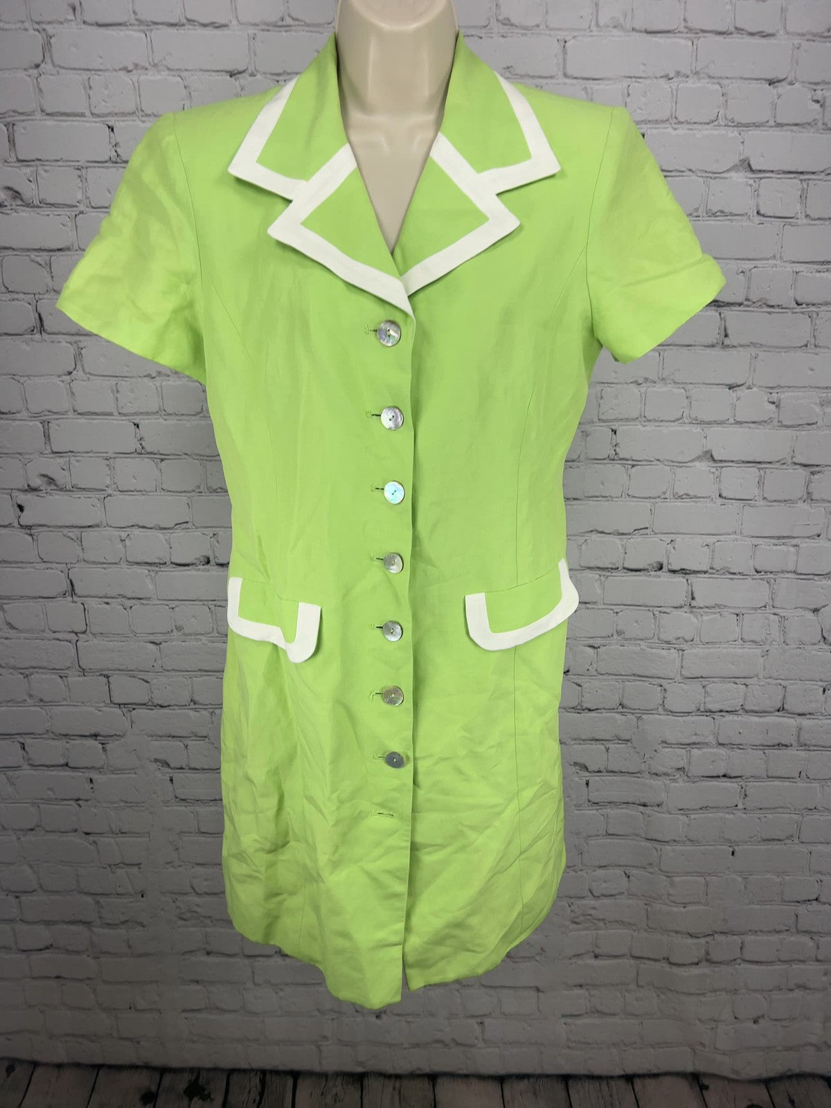 VTG Evan-Picone Lime Green White Trim Linen Blend Short Sleeve Shirt Dress 8