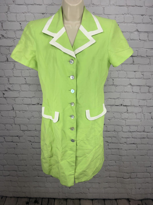 VTG Evan-Picone Lime Green White Trim Linen Blend Short Sleeve Shirt Dress 8