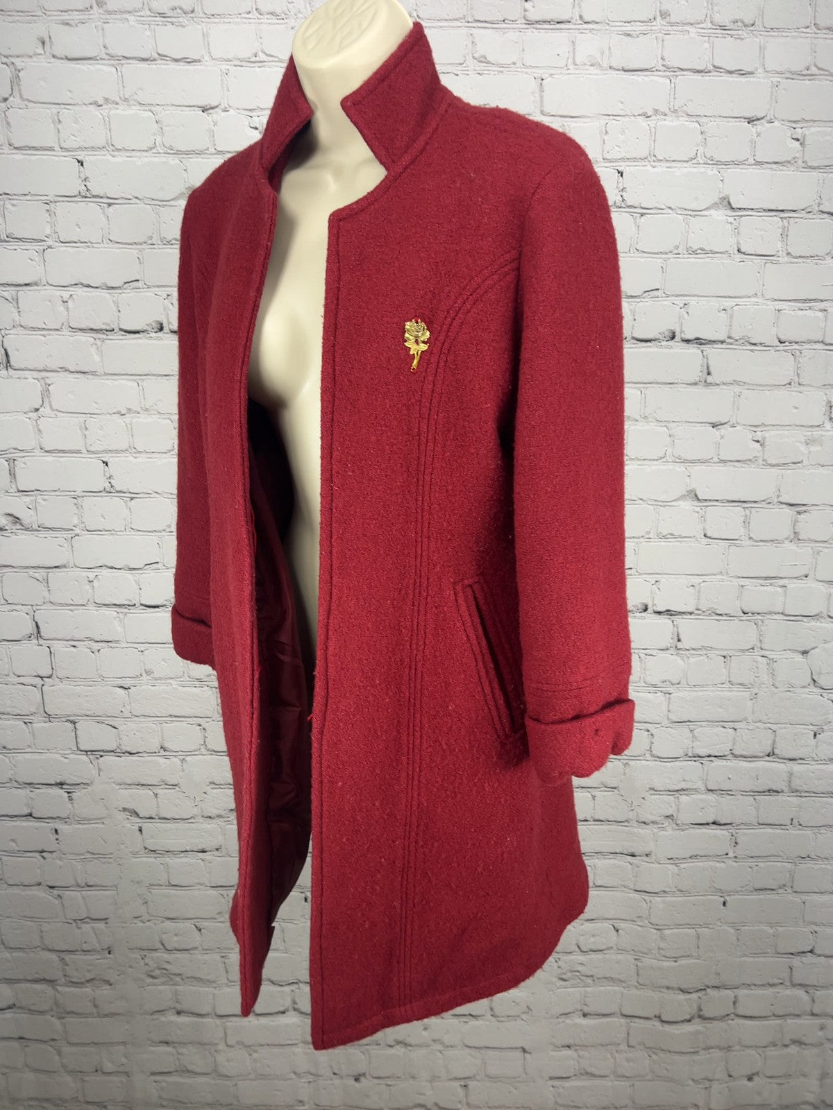 Massimo Dutti Red Boucle Stand Collar Open Front Lined Coat Womens L