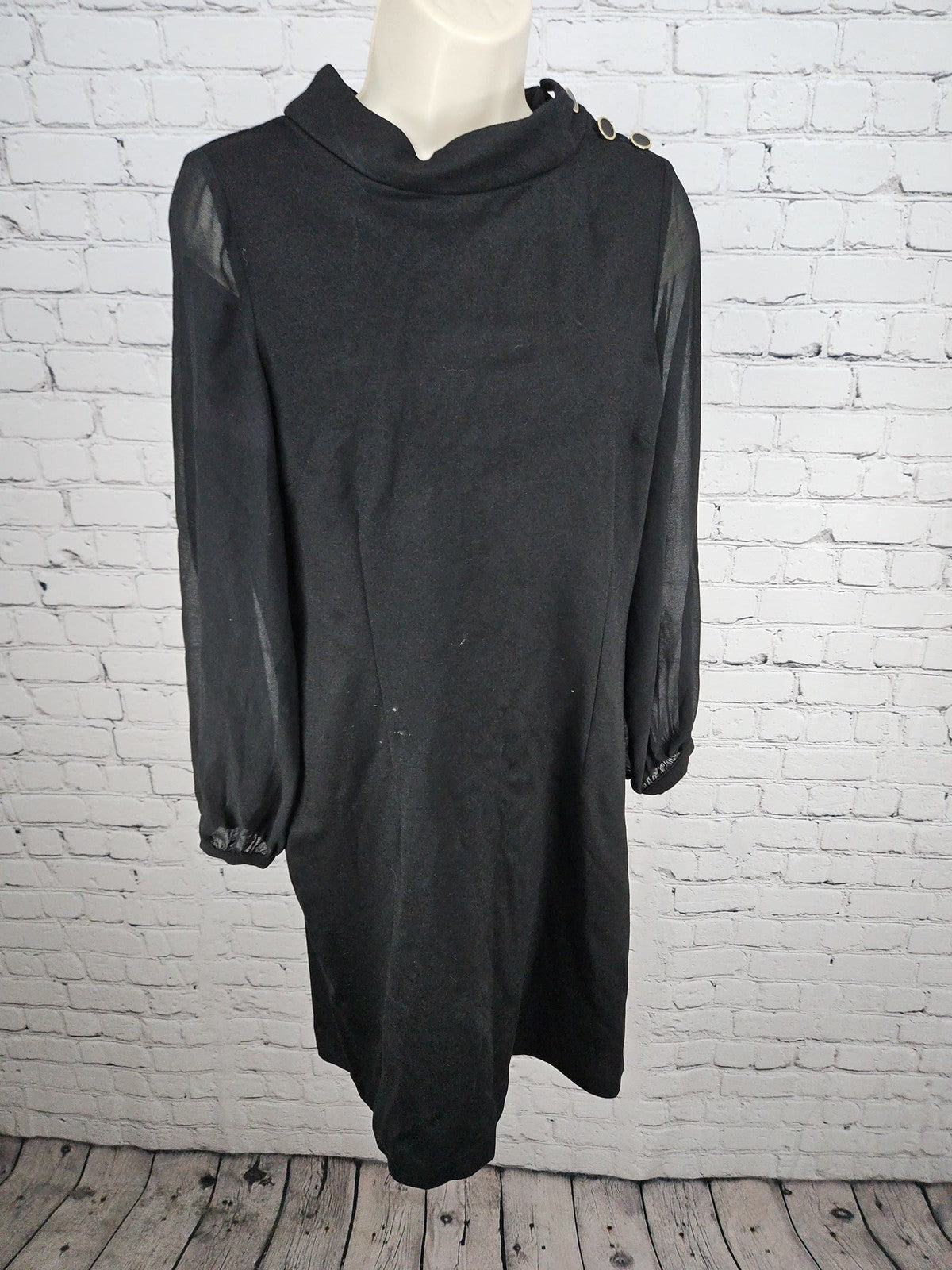 NWD Talbots Petite Black Funnel Neck Sheer Sleeve Button Shoulder Shift Dress 8P