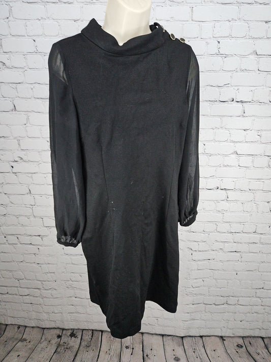 NWD Talbots Petite Black Funnel Neck Sheer Sleeve Button Shoulder Shift Dress 8P