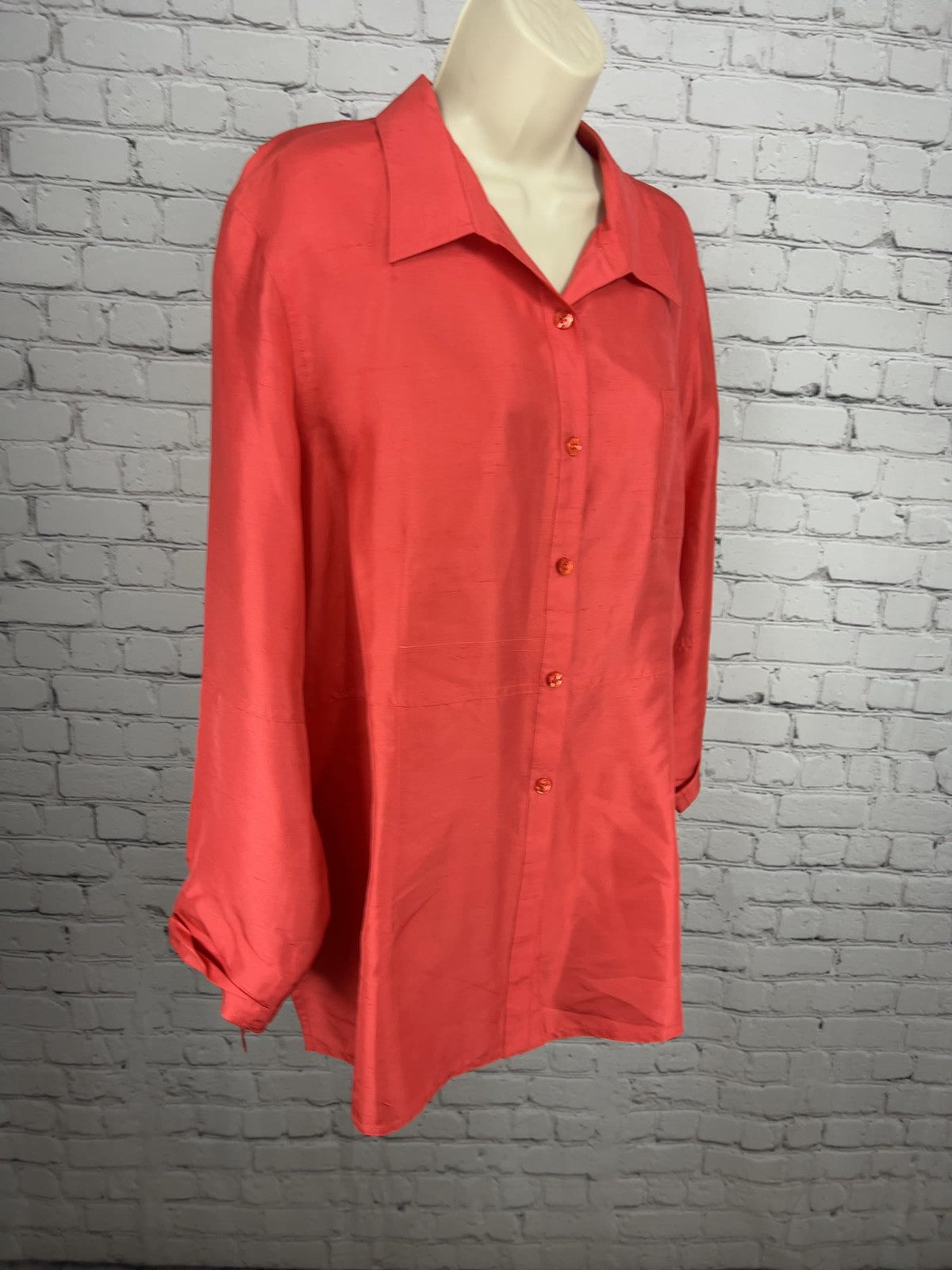 Coldwater Creek Coral 100% Silk Textured Button Up Long Sleeve Blouse XL