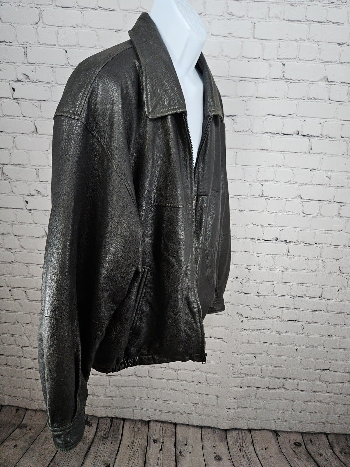 VTG Outbrook Black Genuine Leather Lined Bomber Jacket Zip Front Mens 2X