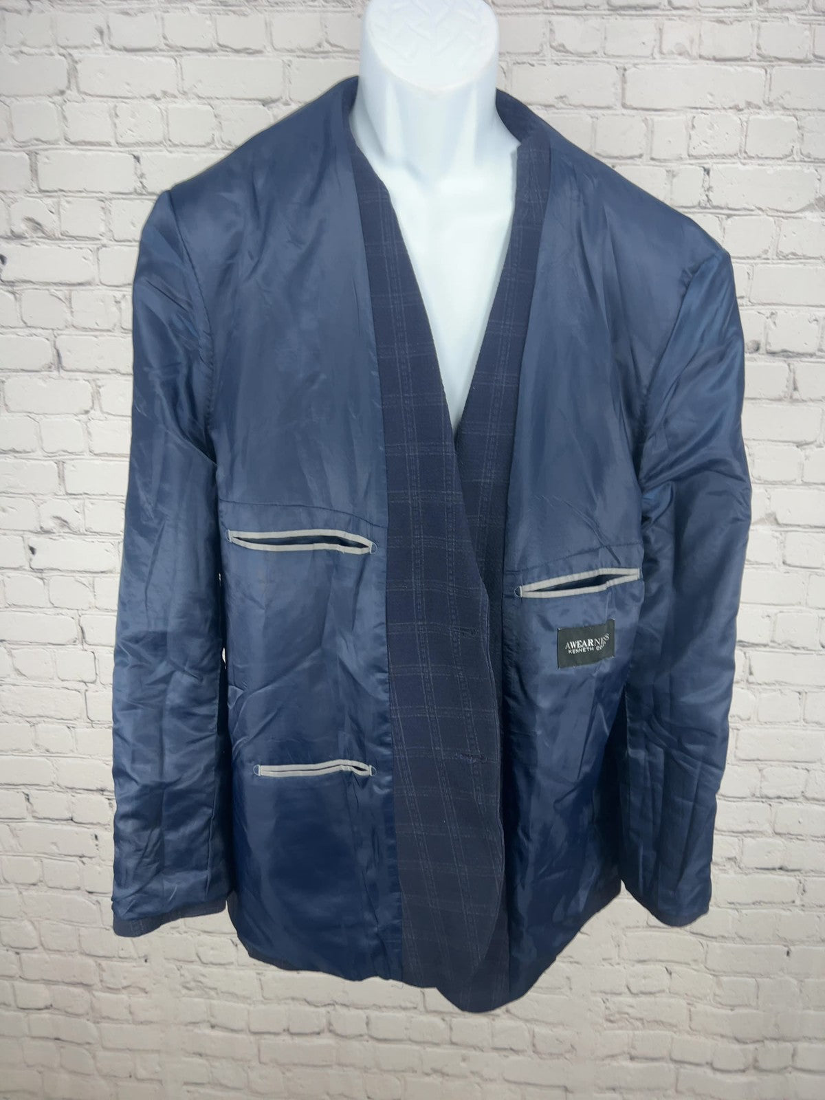 Awearness Kenneth Cole Navy Plaid Seersucker 2 Button Blazer Sport Coat XL