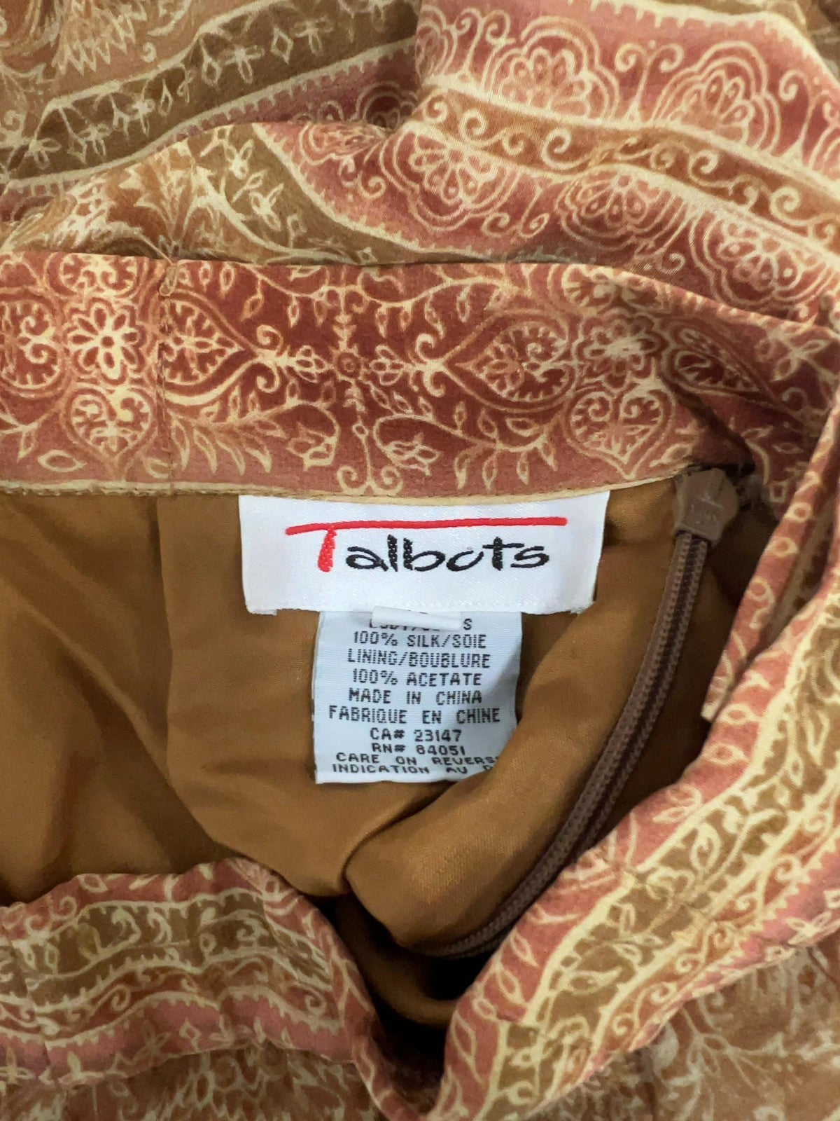 VTG Talbots Tan Rust Paisley Border Print 100% Silk Lined Midi Skirt 10