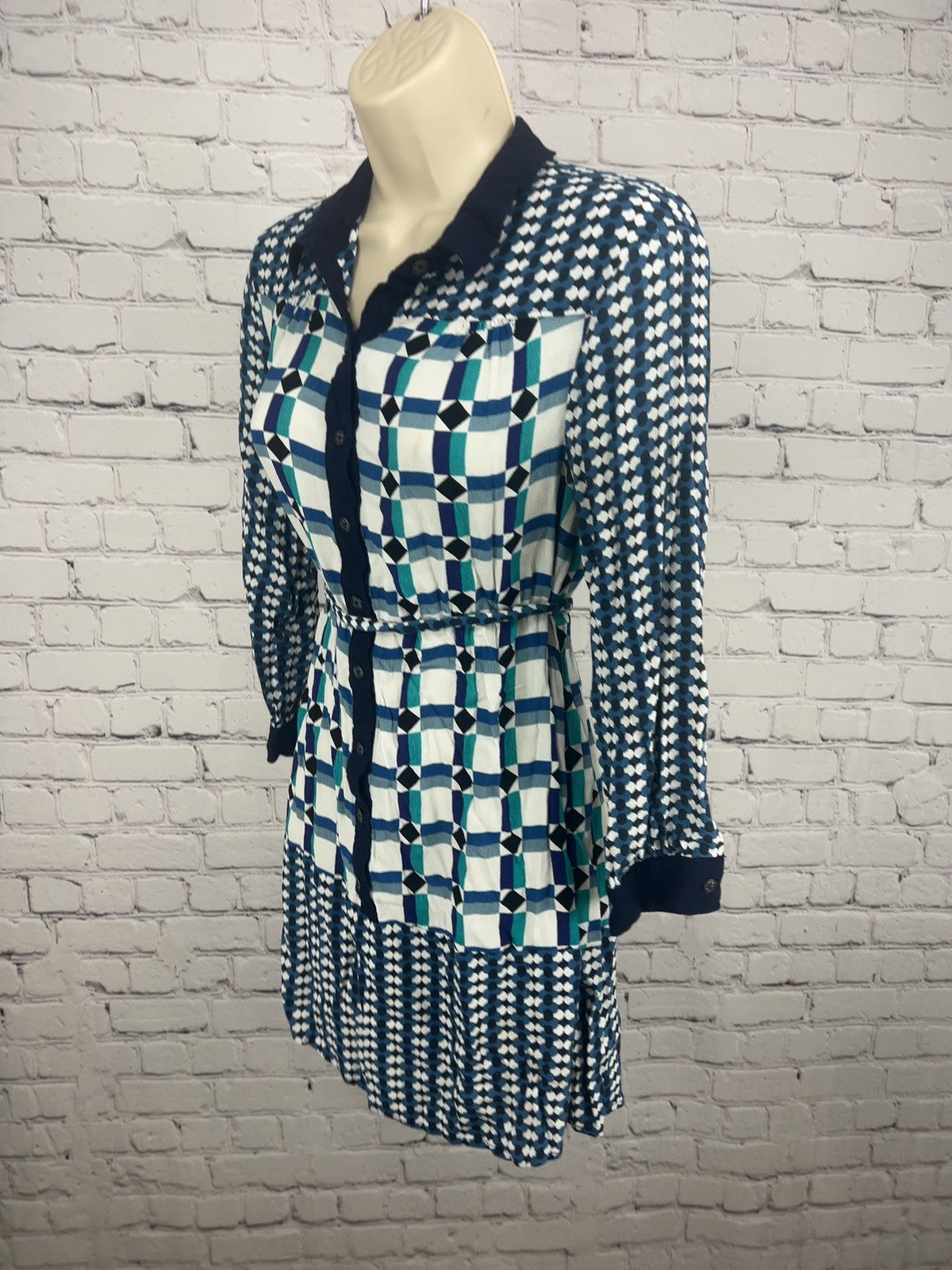 Maeve Anthropologie Blue White Geometric Print Belted Mini Shirt Dress 6