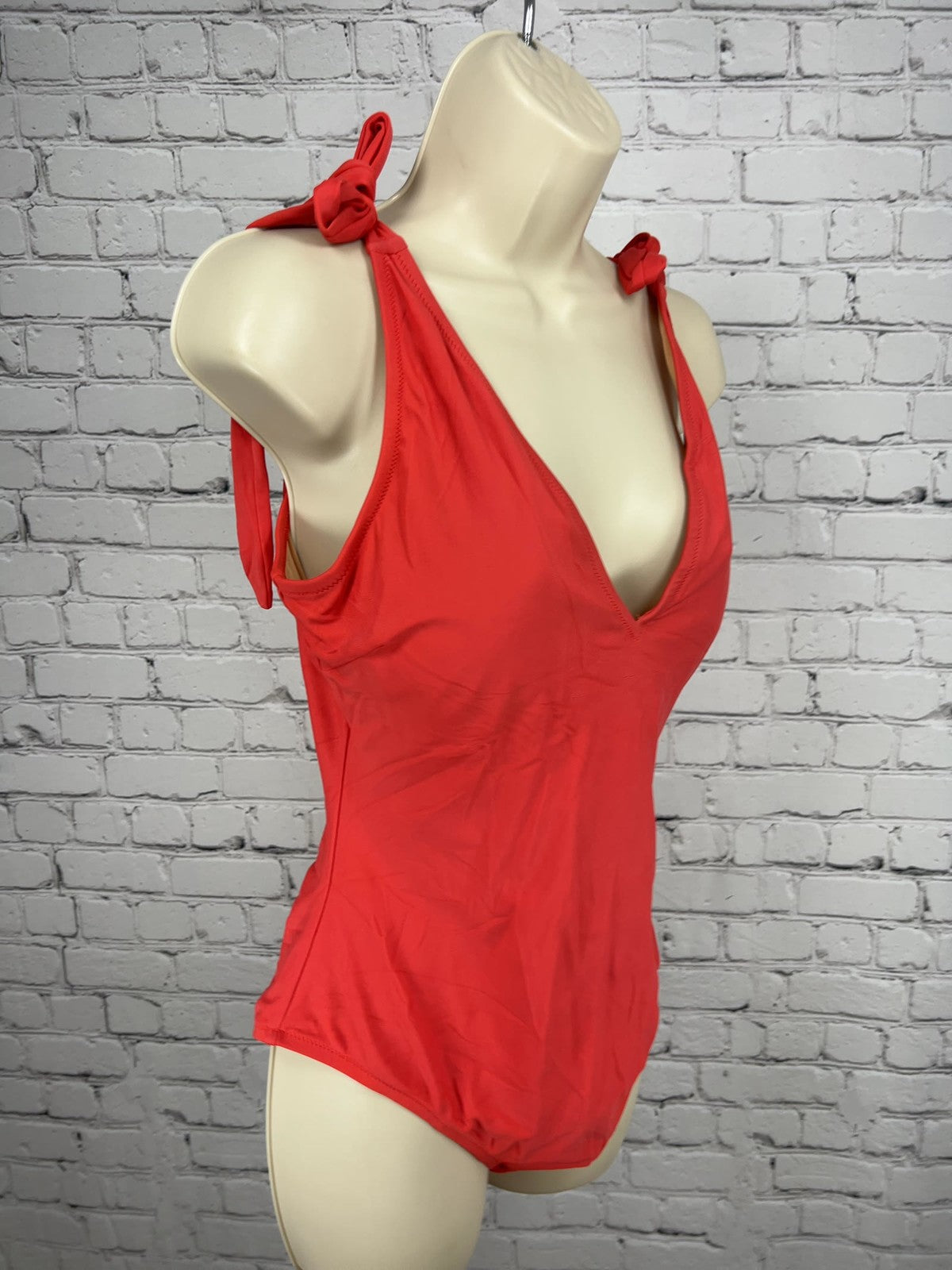 J.Crew Red Deep V Neck Tie Shoulder Lined One Piece Swimsuit Bathing Suit Size L