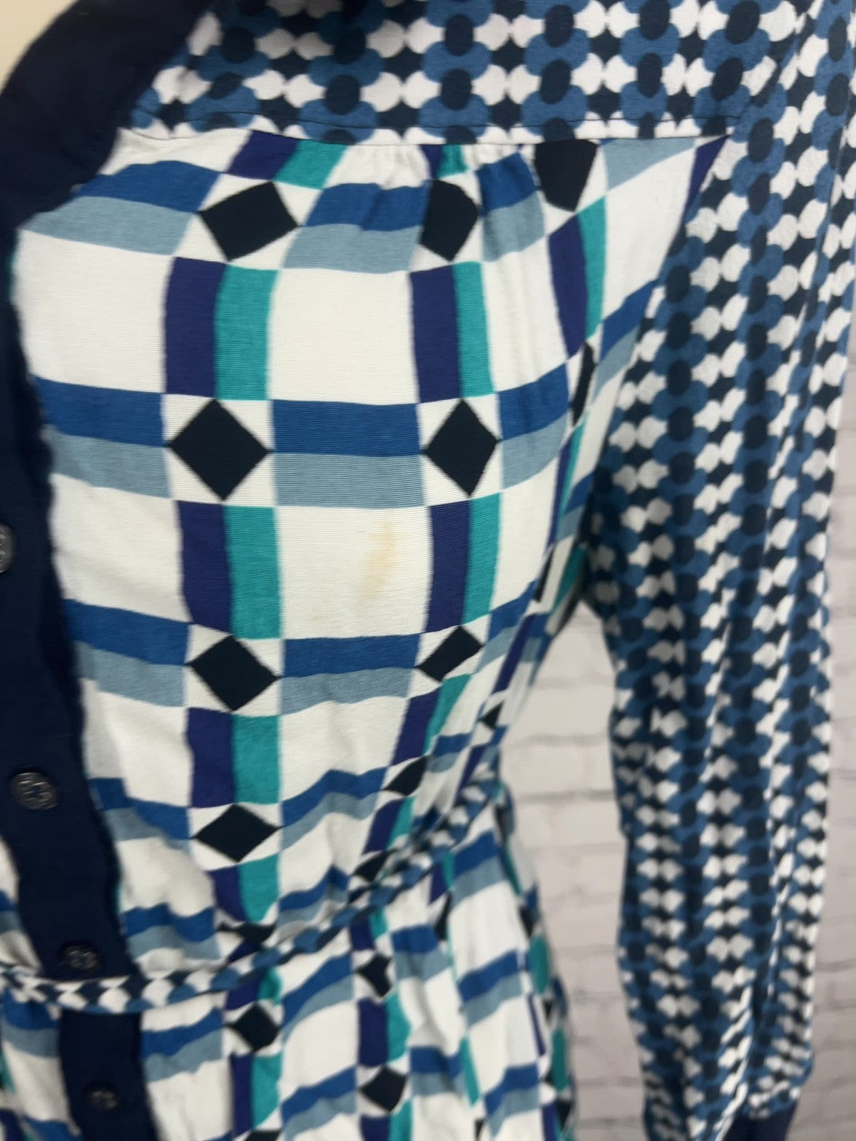 Maeve Anthropologie Blue White Geometric Print Belted Mini Shirt Dress 6