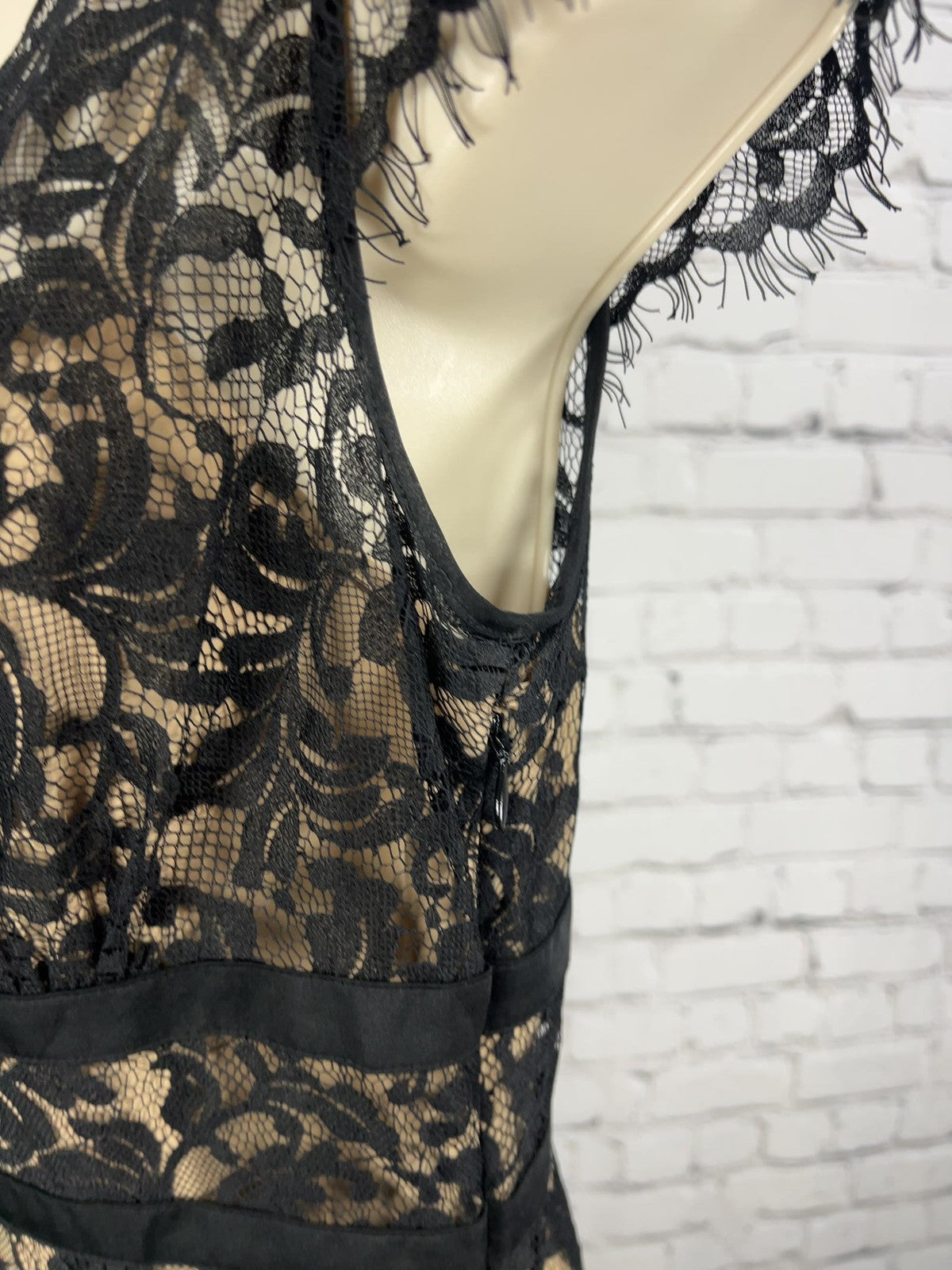 LOFT Black Nude Lace Cap Sleeve V Neck Satin Trim Lined Midi Dress 6P