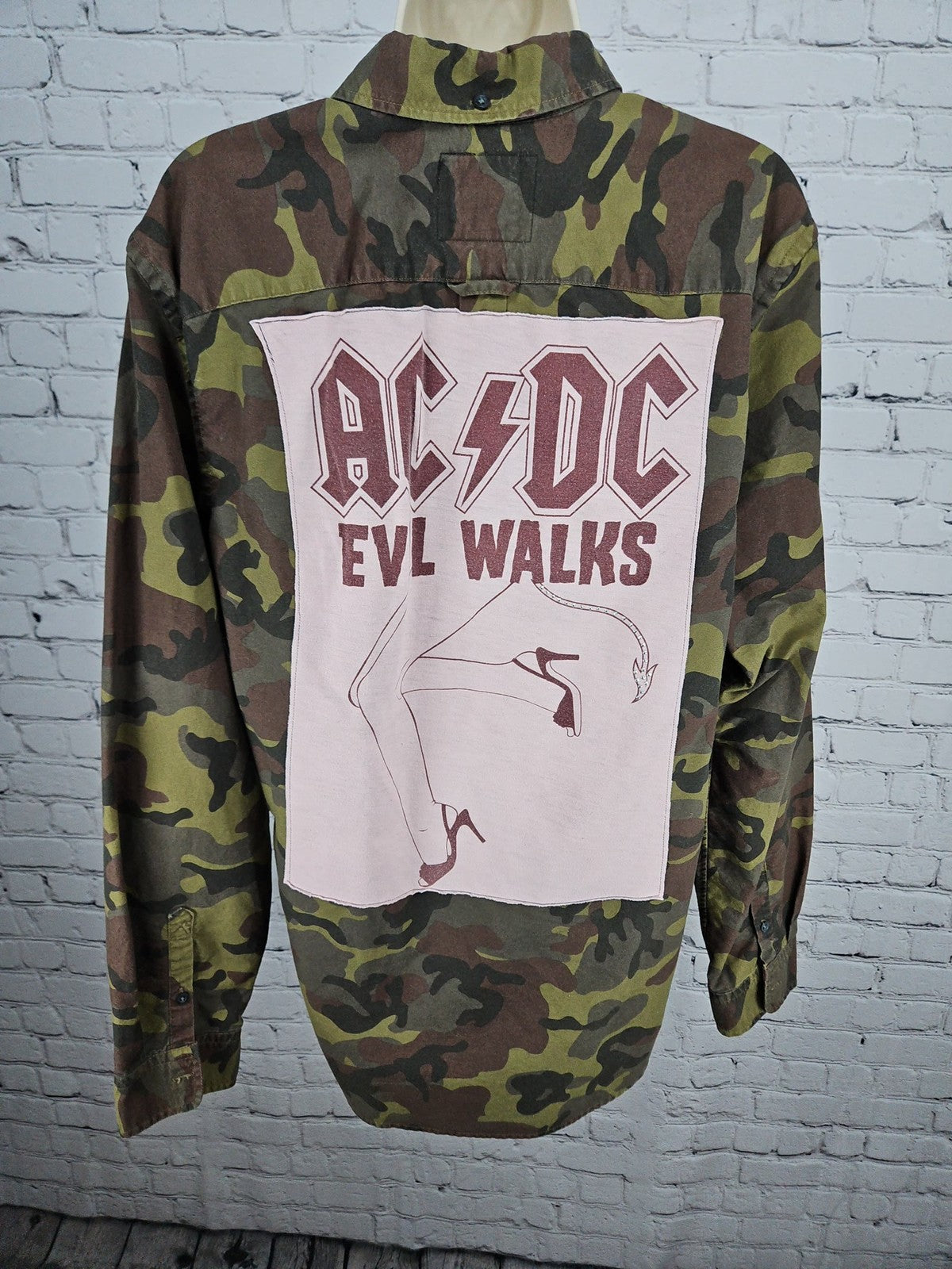 Native Trashion Upcycled AC/DC Evil Walks Camo Button Down Women's Shirt L