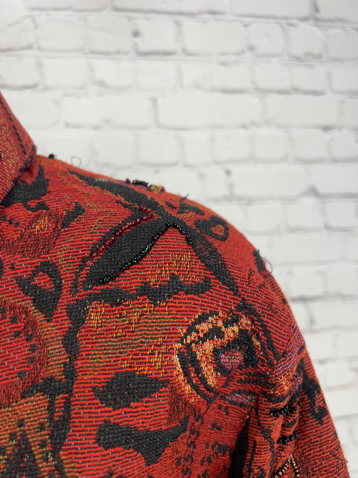 VTG Chico's Red Abstract Tapestry Beaded Button Front Shirt Jacket Size 1 (US S)
